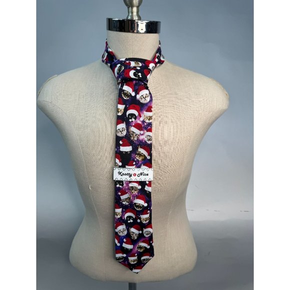 Knotty and Nice Holiday Space Cats Tie OS Purple, red Christmas Cats Space Pol - Picture 10 of 16